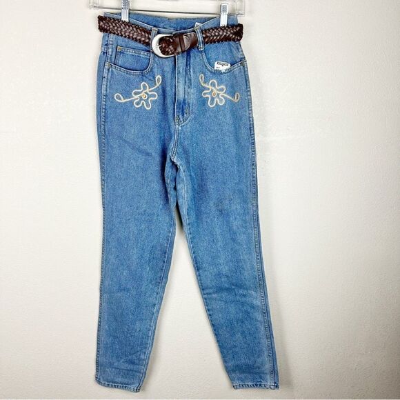 Vintage 90s Mom Jeans Embroidered High Waisted Tapered Blue Denim Western Cowboy - Picture 1 of 6